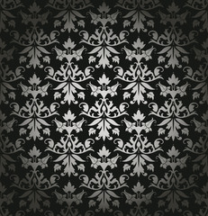 Black/Silver Seamless Flowers/Leafs Damask Pattern
