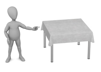 Fototapeta premium 3d render of cartoon character with table and tablecloth