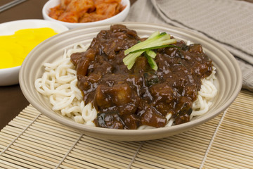Jajangmyeon - Korean/Chinese black bean noodle, danmuji & kimchi