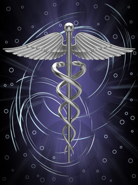 Silver caduceus medical symbol