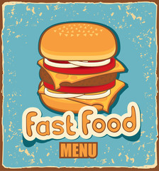 retro banner with cheeseburger on blue background