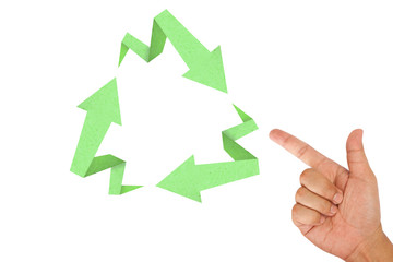 Hand pointing on recycle sign created with arrow origami paper