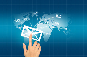 Hands with world mail delivery on world map background