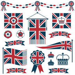 uk union jack flags ribbons tudor rose and crowns vector clipart isolated on white