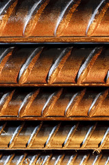 Steel rods or bars used to reinforce concrete, closeup