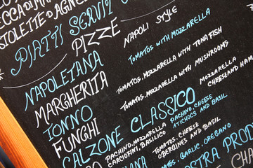 Fototapeta premium Pizzeria menu in Rome, Italy