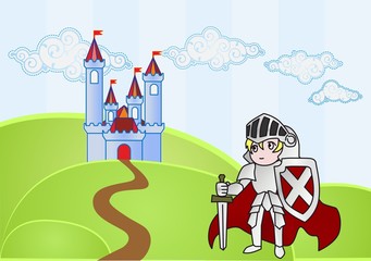 Bébé chevalier avec château sur fond