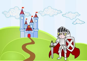 Zelfklevend behang Kasteel Babyridder met kasteel op achtergrond