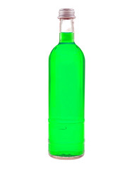 clear glass bottle with green liquid