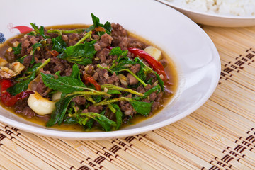 Thai spicy food, stir fried pork whit basil