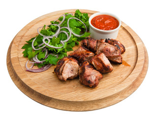Tasty grilled meat, shish kebab on a white background