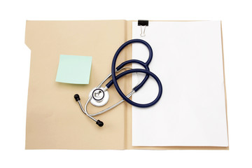 File folder with blank label for text and medical stethoscope