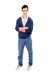 young casual man full length in a white background