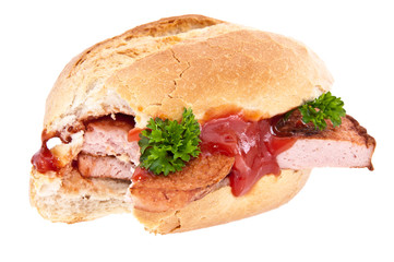 Bitten off meat loaf roll isolated on white