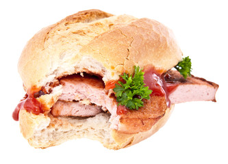 Bitten off meat loaf roll isolated on white