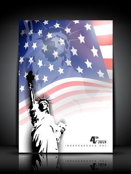 Statue of liberty on American flag background.