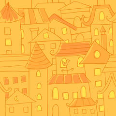 Fototapeta na wymiar Retro style hand drawn city houses seamless pattern