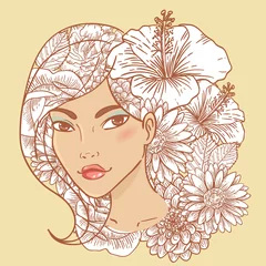 Papier Peint photo Lavable Femme fleurs Jolie jeune femme souriante aux cheveux floraux