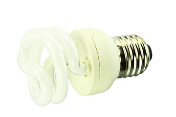 Energy saving fluorescent light bulb on white background
