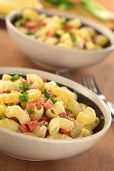 Pasta with sausage, grated cheese and scallion in bowl