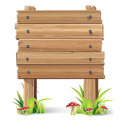 Wooden sign on a grass with mushrooms. vector illustration