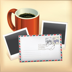Set of Envelope, Stamp, Coffee cup and Instant photo frame.