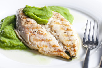 grilled mackerel with mashed pea and basil