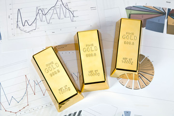 Photo of gold bars on graphs and statistics