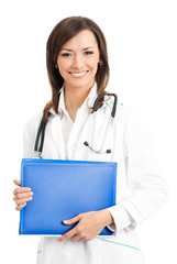 Happy smiling doctor with folder, over white