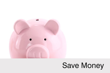 Piggy bank hiding behind a banner isolated on white