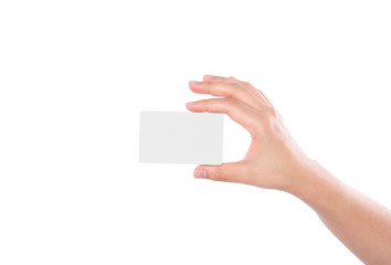 Business card in female hand isolated on white background