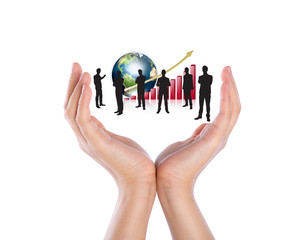 Hands hold Silhouettes of business with red graph and earth (Ele