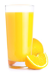orange juice and slice isolated on white