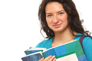 Close-up of a student with books, isolated on white background