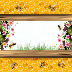 Landscape frame with flower, bees and honeycombs