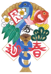 2013年巳年年賀状用イラスト素材（迎春寿蛇縁起熊手）