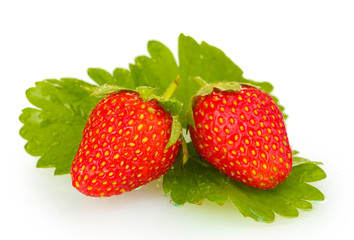 sweet ripe strawberries with leaves isolated on white