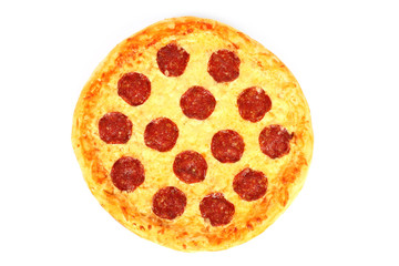 Salami pizza on white background