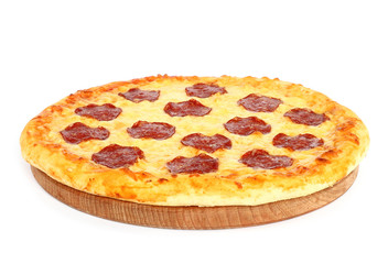 Salami pizza on white background