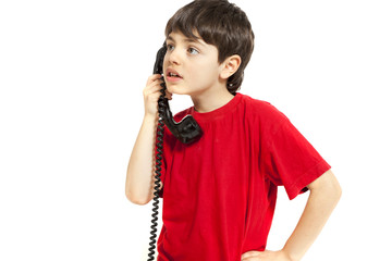 portrait  boy on the phone, isolated on white background
