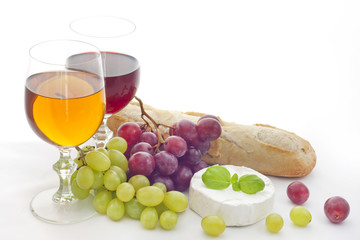 Wine red ,white grapes and cheese