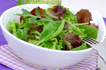 fresh green lettuce, arugula and spinach salad