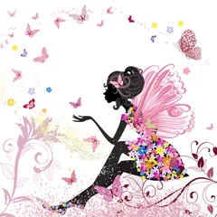 Peel and stick wall murals Flowers women Flower Fairy in the environment of butterflies