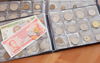 coins and paper bills collection