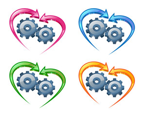 Gears and arrows in the shape of a heart.