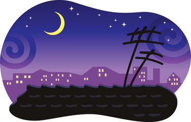 Naklejka premium Stylized night cityscape with a tiled roof and the moon.