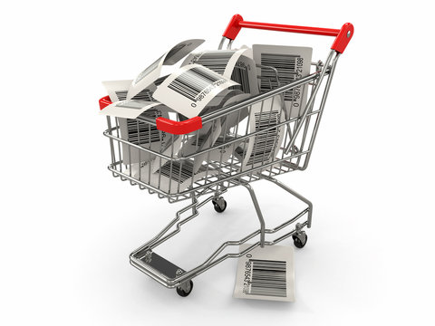 Shopping cart with barcode labels. 3d
