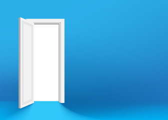 White opened door in the blue wall