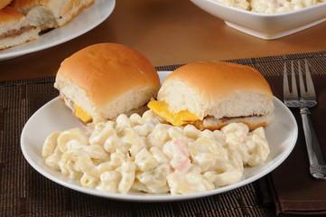 Macaroni salad and mini cheeseburgers