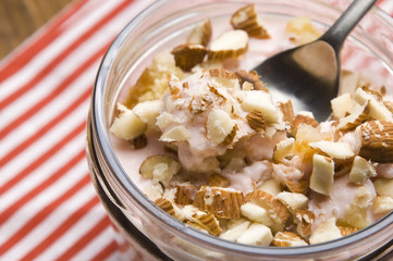 Sweet dessert in glass jar - strawberry cake